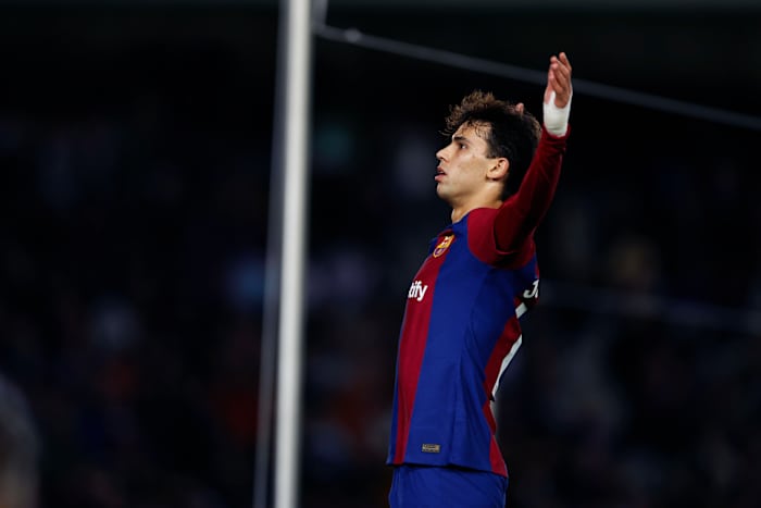Joao Felix pictured celebrating after scoring the winning goal for Barcelona in a 1-0 victory over Atletico Madrid in December 2023